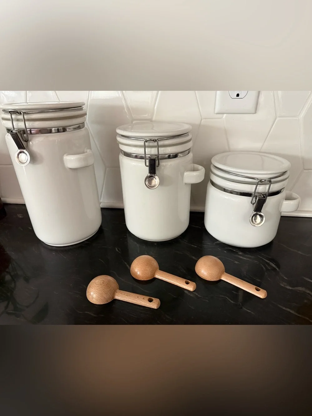White Ceramic Canister Set (3pc) - Vintage Crate & Barrel “Bee House Japan”